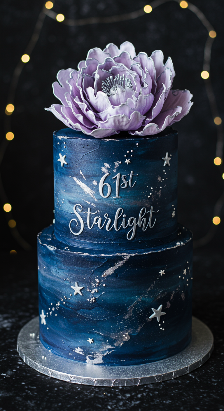 Dunkelblaue zweistöckige Torte mit Sternen, Silberglanz und großer lila Blume.