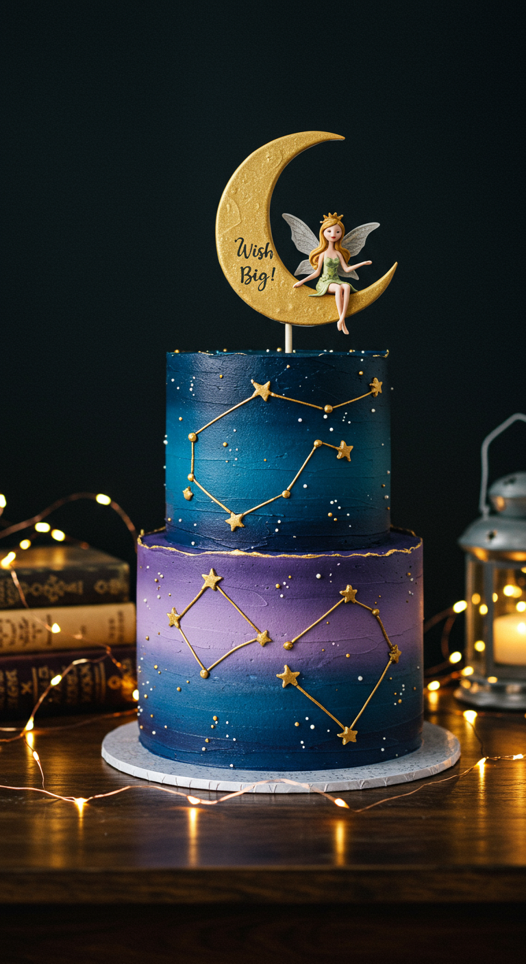 Zweistöckige Torte in Nachtblau und Lila mit goldenen Sternbildern und Mond-Topper mit Fee.