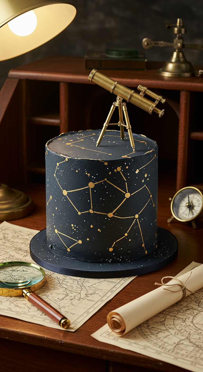 Dunkelblaue Torte mit goldenen Sternbildern und Miniatur-Teleskop.