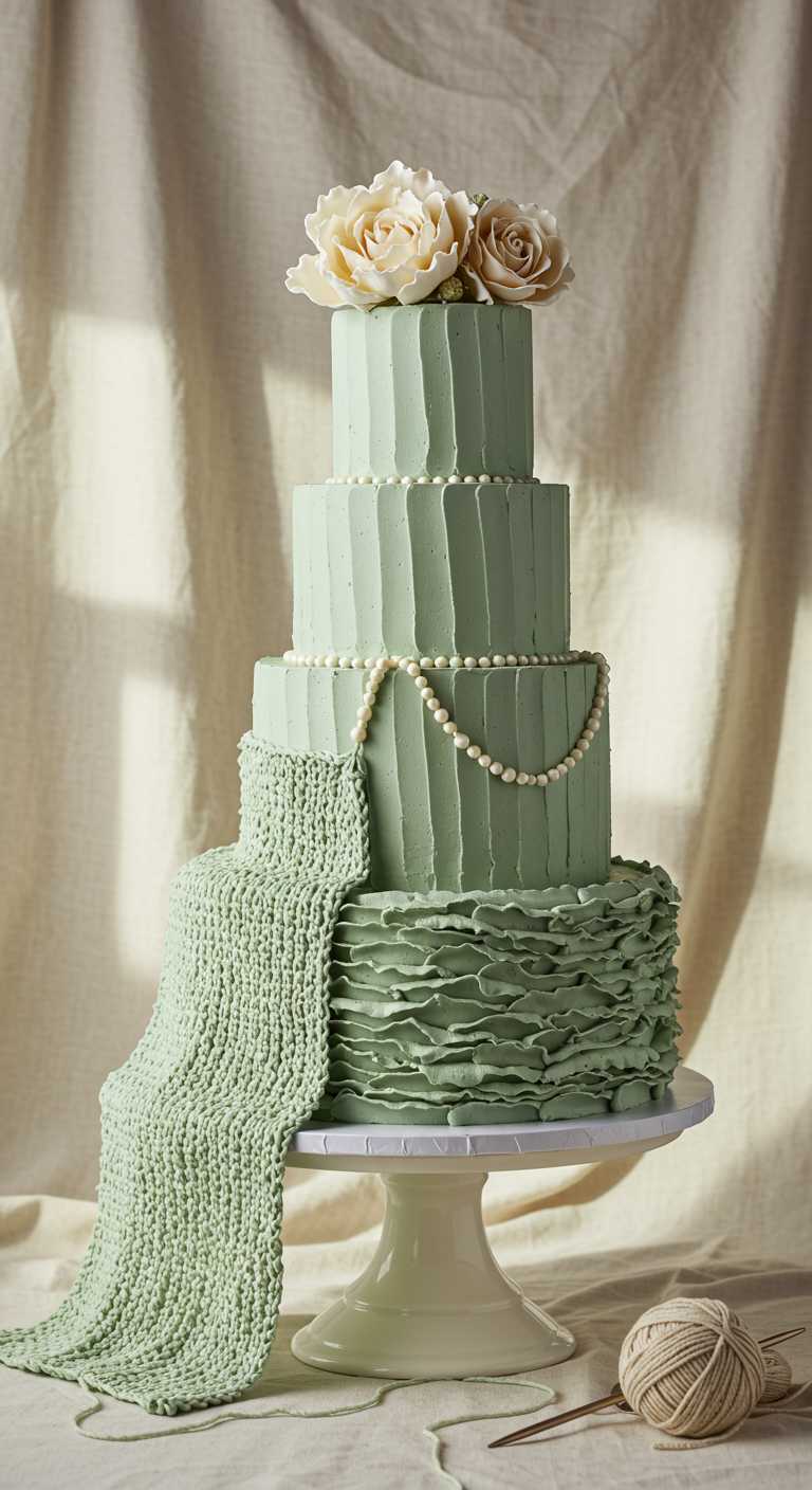 Mehrstöckige mintgrüne Torte mit Strickmuster-Textur und Perlen.