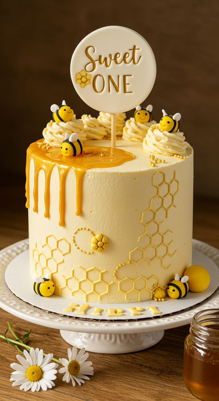 Gelbe Torte mit Honig-Drip, Fondant-Bienen und Wabenmuster,
