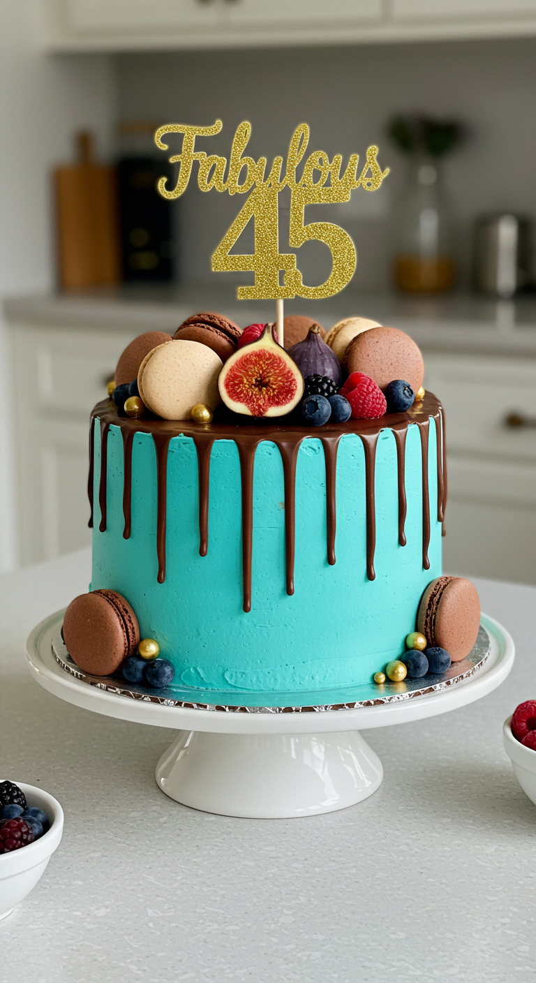 Türkise Torte mit Schoko-Drip, Macarons, Feigen und Beeren, Topper