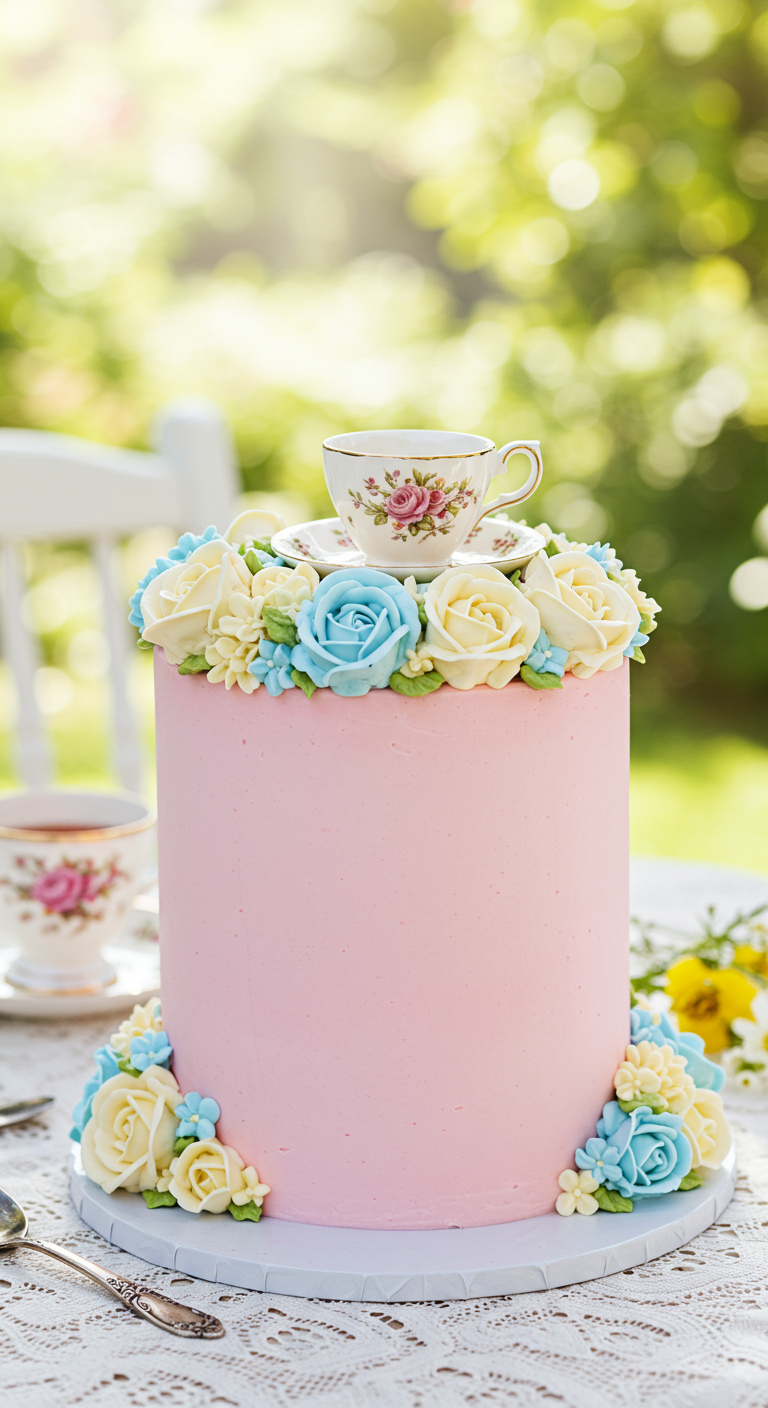 Rosa Torte mit Buttercreme-Blumen in Blau und Weiß, obenauf eine Teetasse.