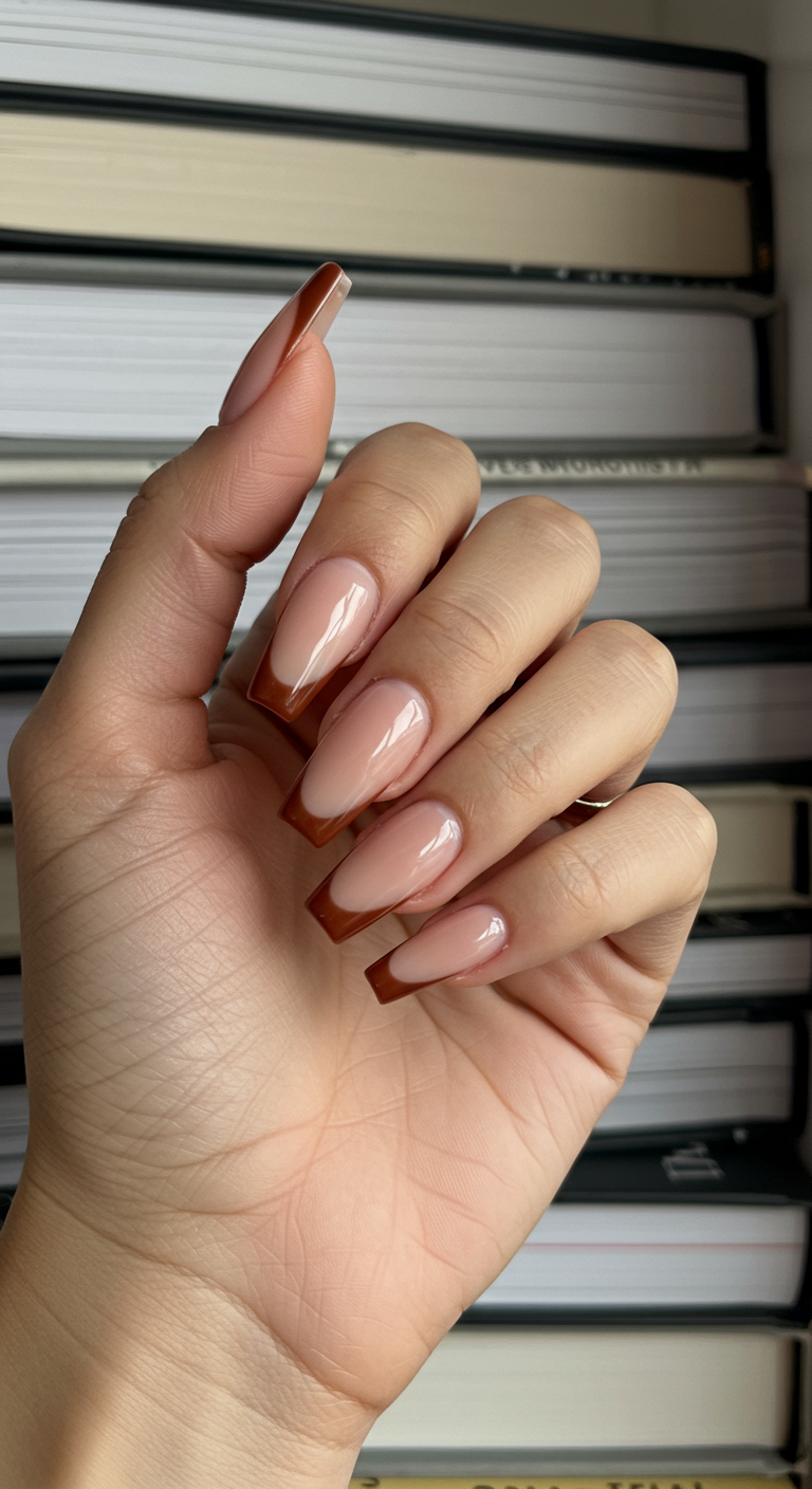 Lange Coffin-Nägel mit tiefen schokoladenbraunen French-Tips.
