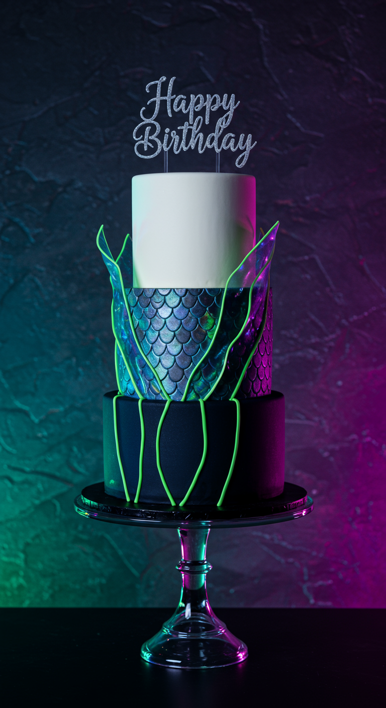 Dreistöckige Torte mit Schuppenmuster und neongrünen Akzenten.