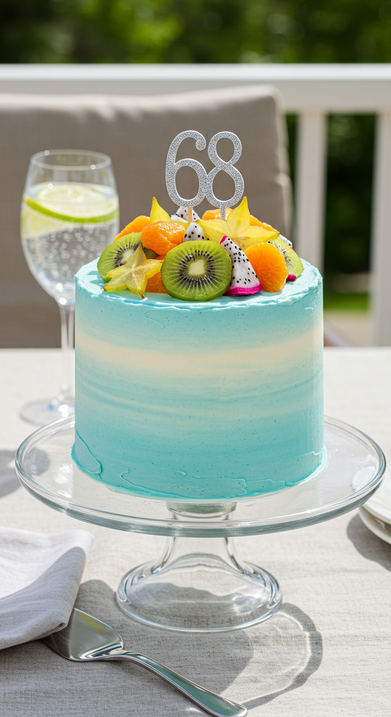 Hellblaue Ombré-Torte mit frischen exotischen Früchten und silbernem