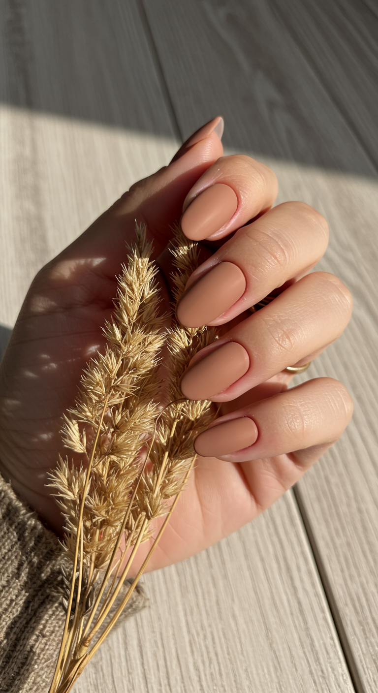 Ovale, matt-karamellfarbene Nude-Nägel, Hand hält Trockenblumen.