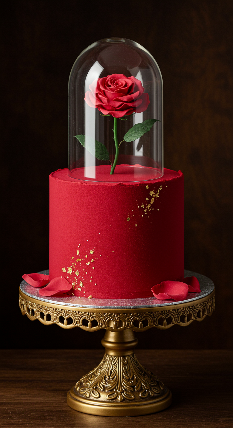 Rote Torte mit einer Rose unter einer Glasglocke, Goldakzente