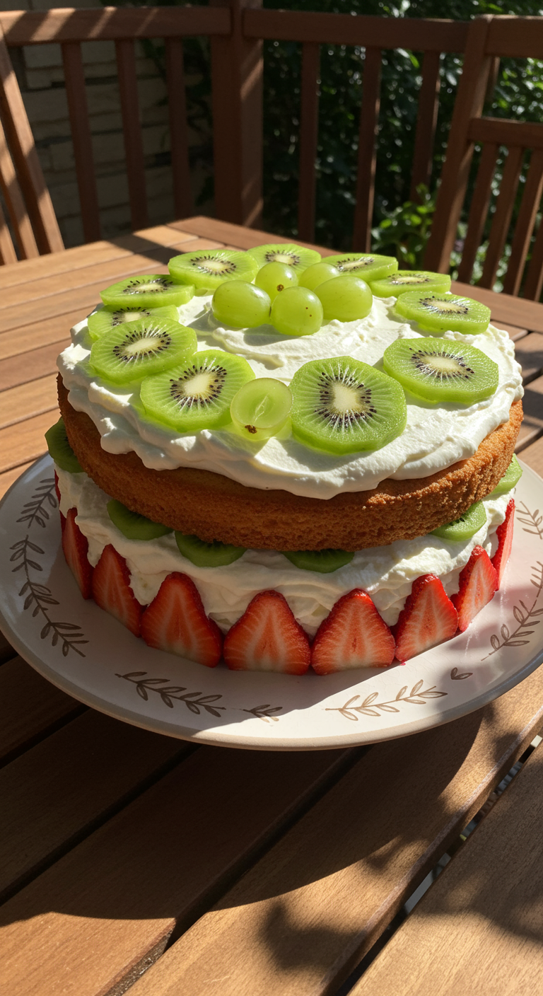 Zweischichtige Torte mit Sahne, dekoriert mit Kiwi-, Erdbeer- und Traubenscheiben.