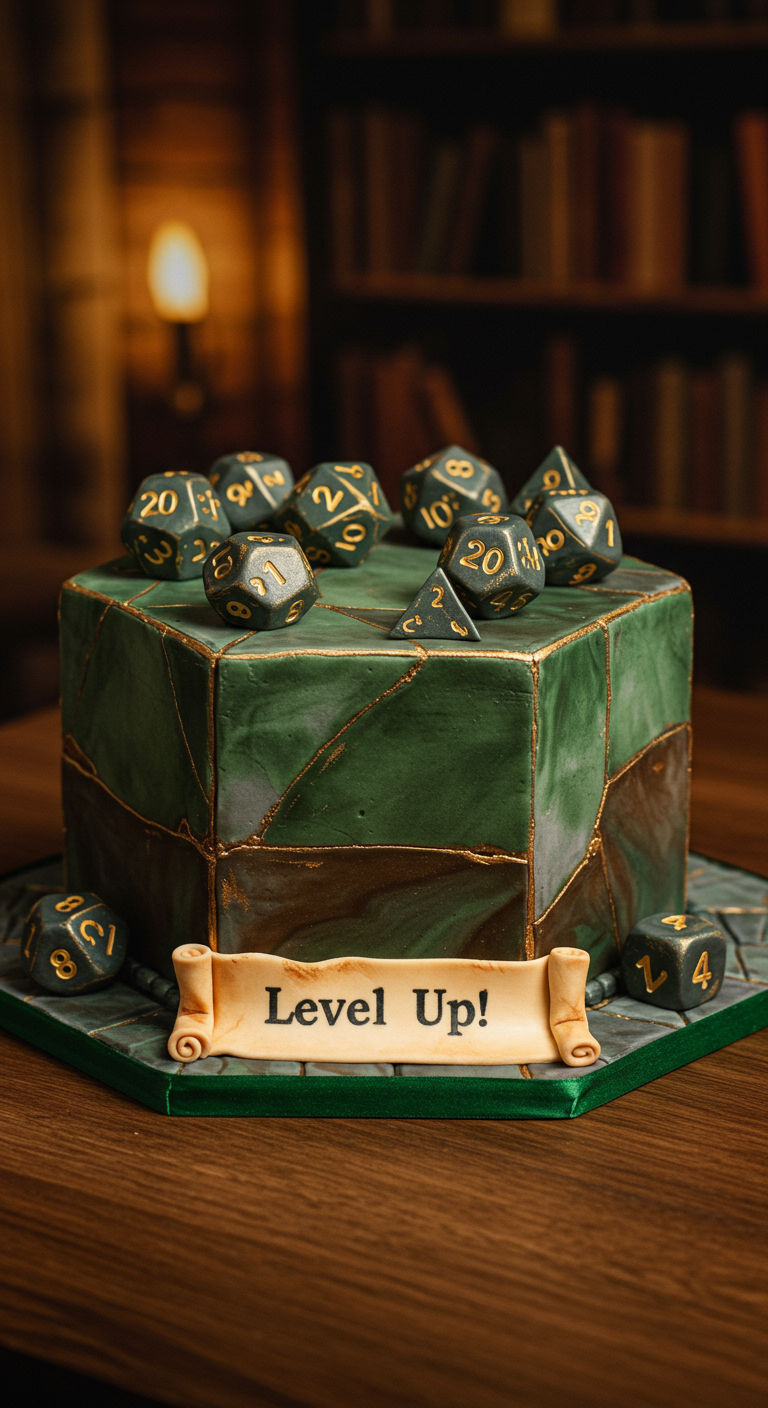 Grüne, mehrseitige D20-Würfel-Torte mit goldenen Zahlen und einem 'Level Up!'-Banner