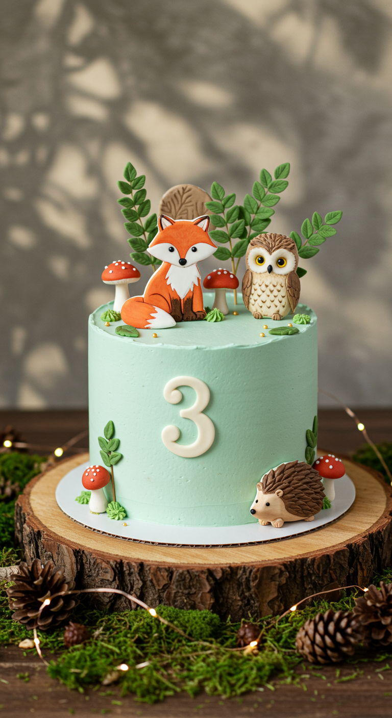 Hellgrüne Torte mit Fuchs, Eule, Igel aus Fondant auf Holzscheibe.