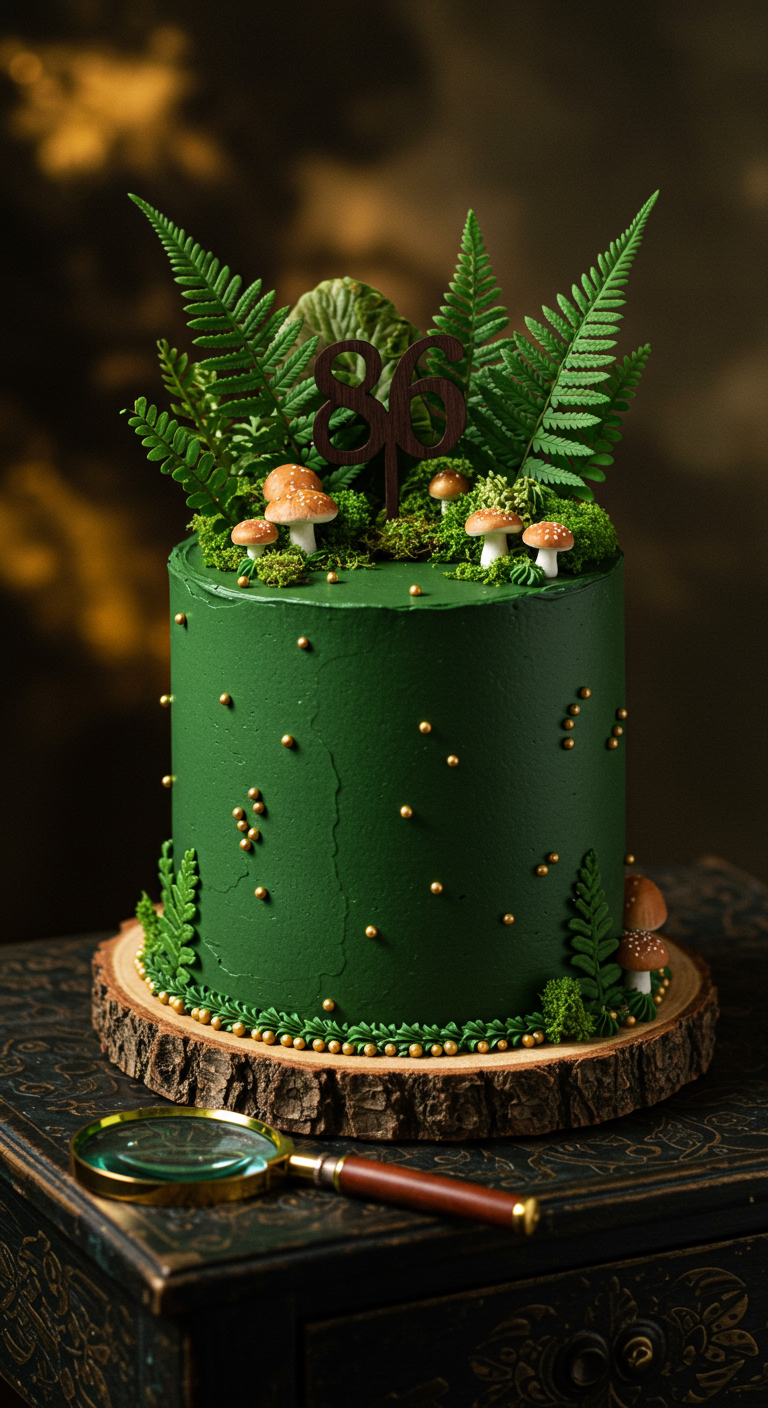 Dunkelgrüne Waldtorte mit echten Farnen, Marzipanpilzen und goldenem