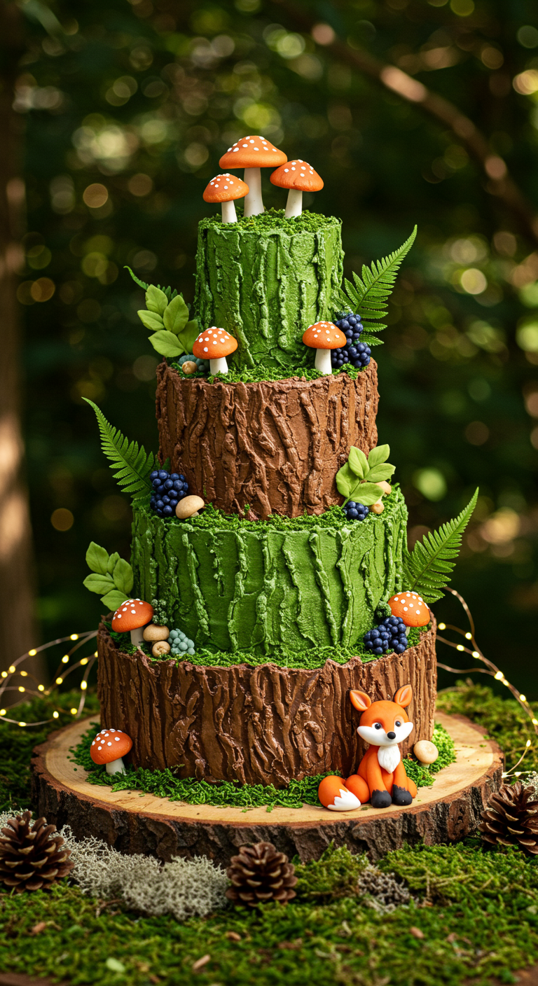 Dreistöckige Wald-Torte mit Baumrinden-Textur, Moos, Pilzen und einem Fuchs.