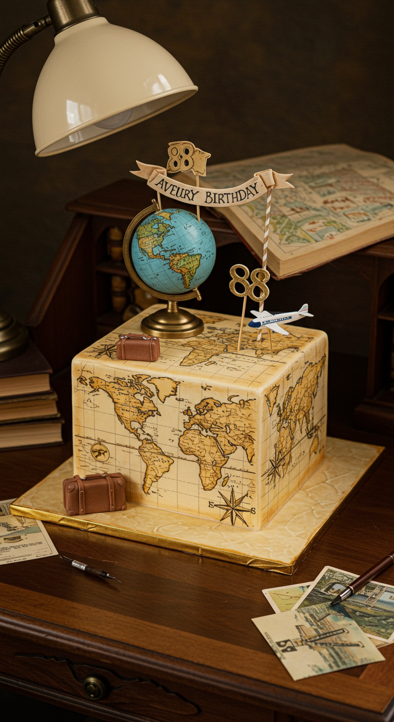 Quadratische Torte als Weltkarte mit Globus, Flugzeug und Koffern.