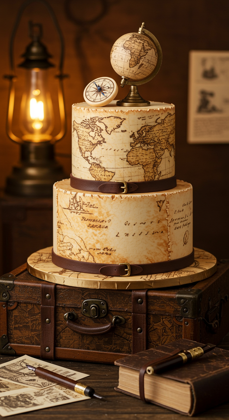 Zweistöckige Torte mit Weltkarten-Motiv, Globus und Kompass als Topper.