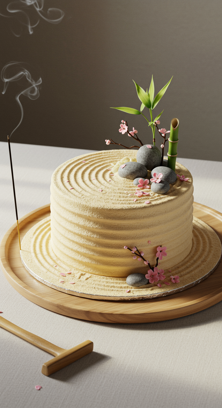 Beige Torte dekoriert als Zen-Garten mit geharktem Sandmuster und Steinen.