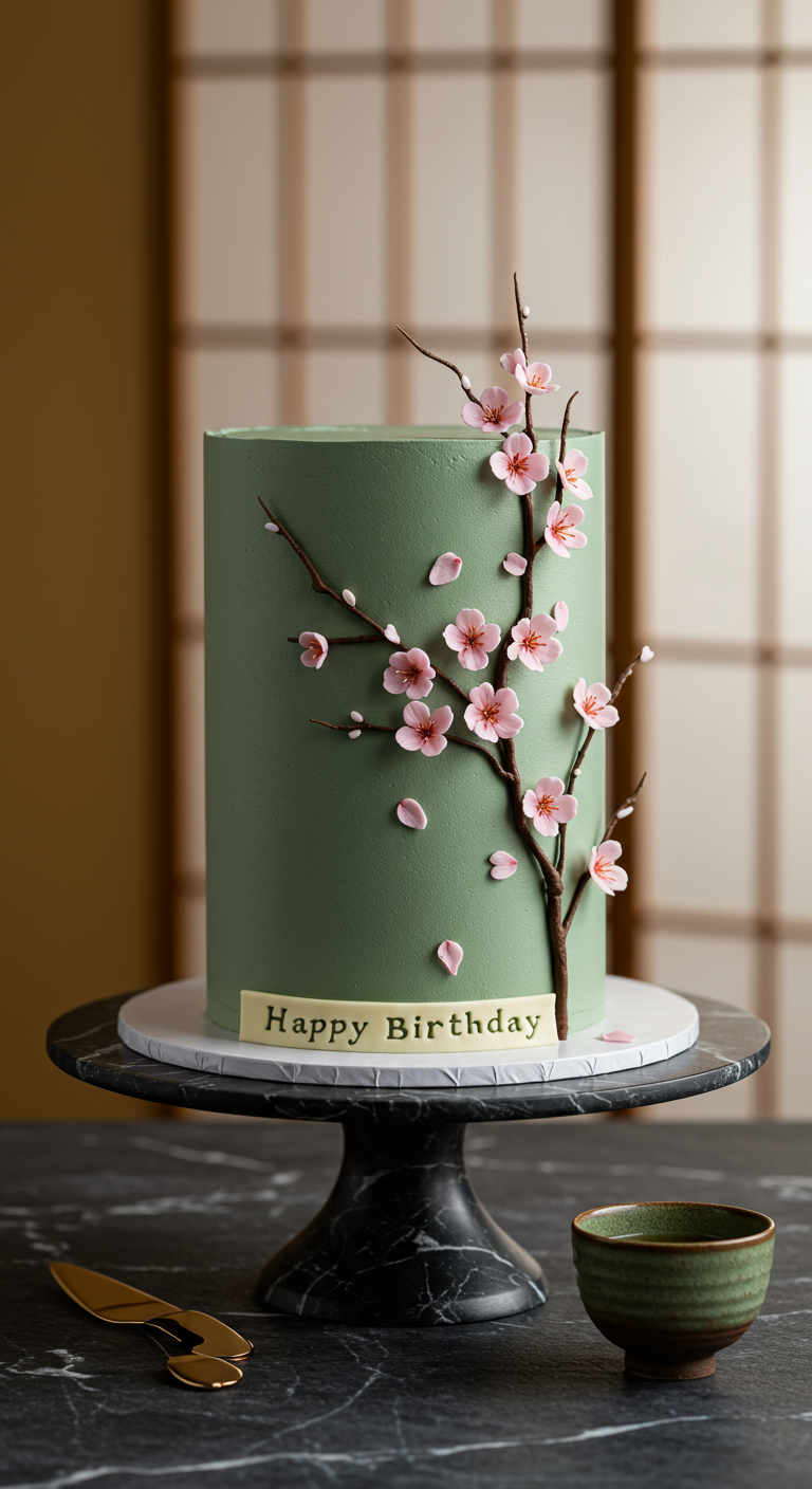 Hohe, mattgrüne Torte mit zarten Kirschblütenzweigen und