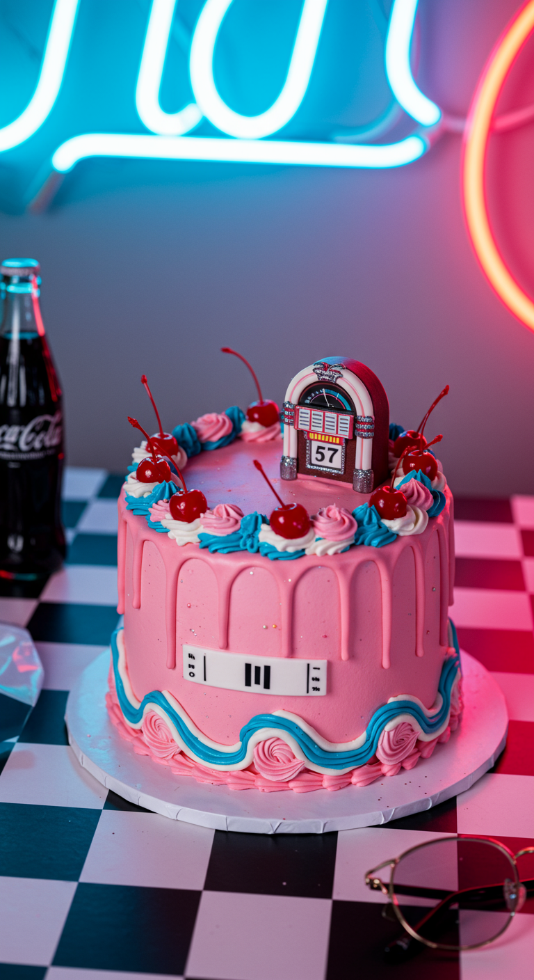 Pinke Torte mit blauem Drip, Kirschen und Jukebox-Topper.