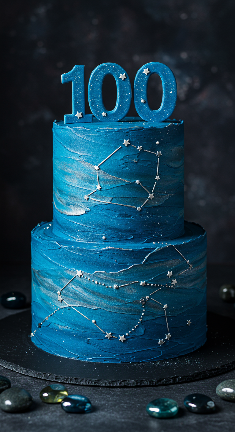 Blaue zweistöckige Torte mit Sternbild-Motiven und blauer '100' als Topper.