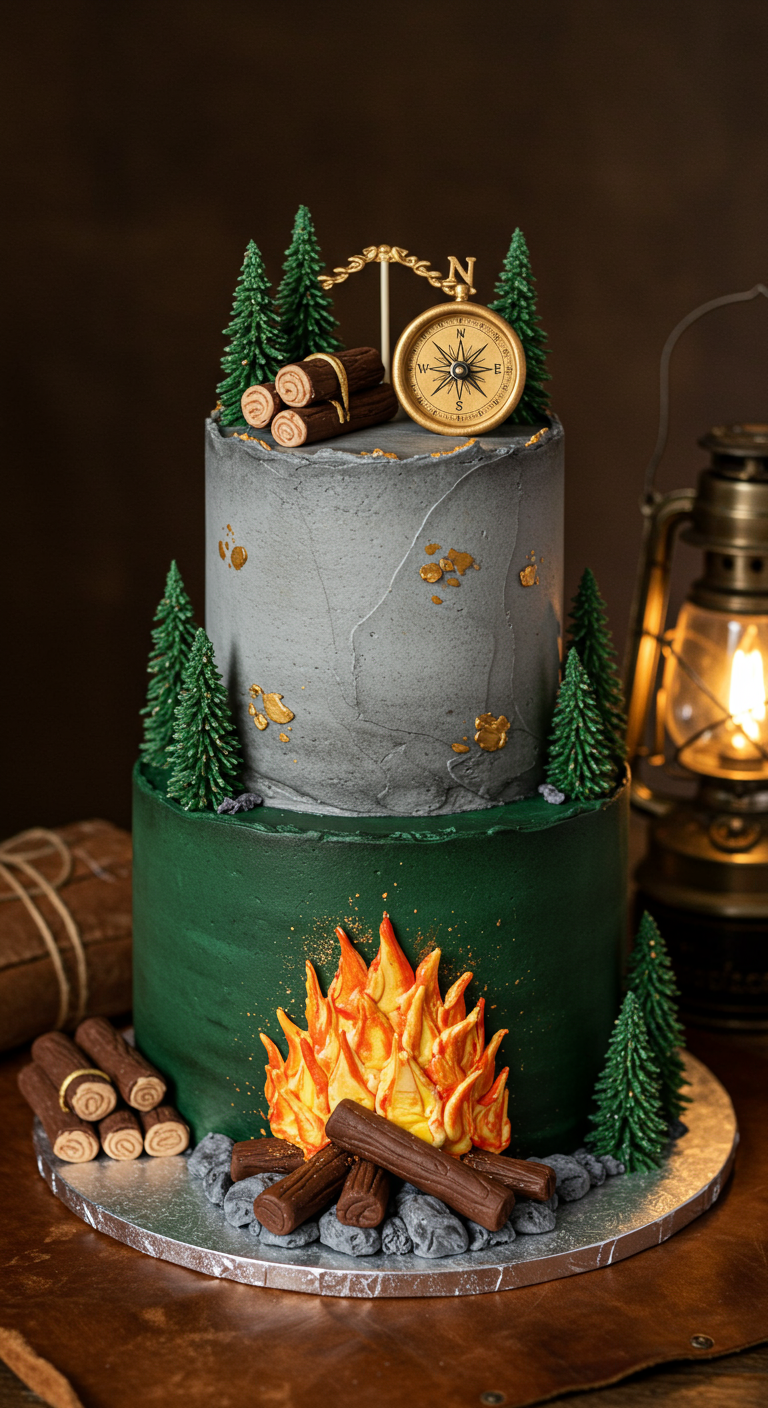 Zweistöckige Torte mit Lagerfeuer-Motiv und Kompass.
