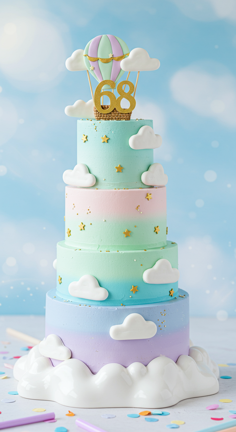 Hohe mehrstöckige Pastelltorte mit Heißluftballon, Wolken, Sternen und