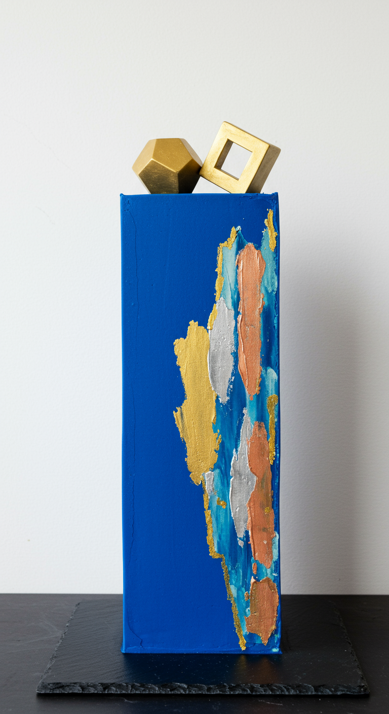 Hohe, rechteckige blaue Torte mit abstrakten Gold-, Silber-, Kupfer-Pinselstrichen.