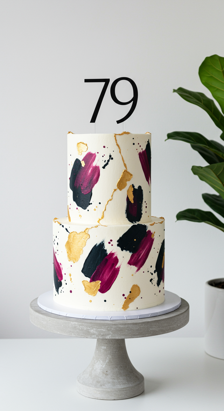 Zweistöckige weiße Torte mit abstrakten Pinselstrichen in Dunkelrot, Schwarz und Gold, Zahl 79.