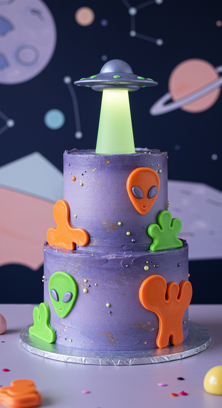 Zweistöckige lila Y2K-Torte mit Alien- und UFO-Motiven und leuchtendem UFO-Strahl.