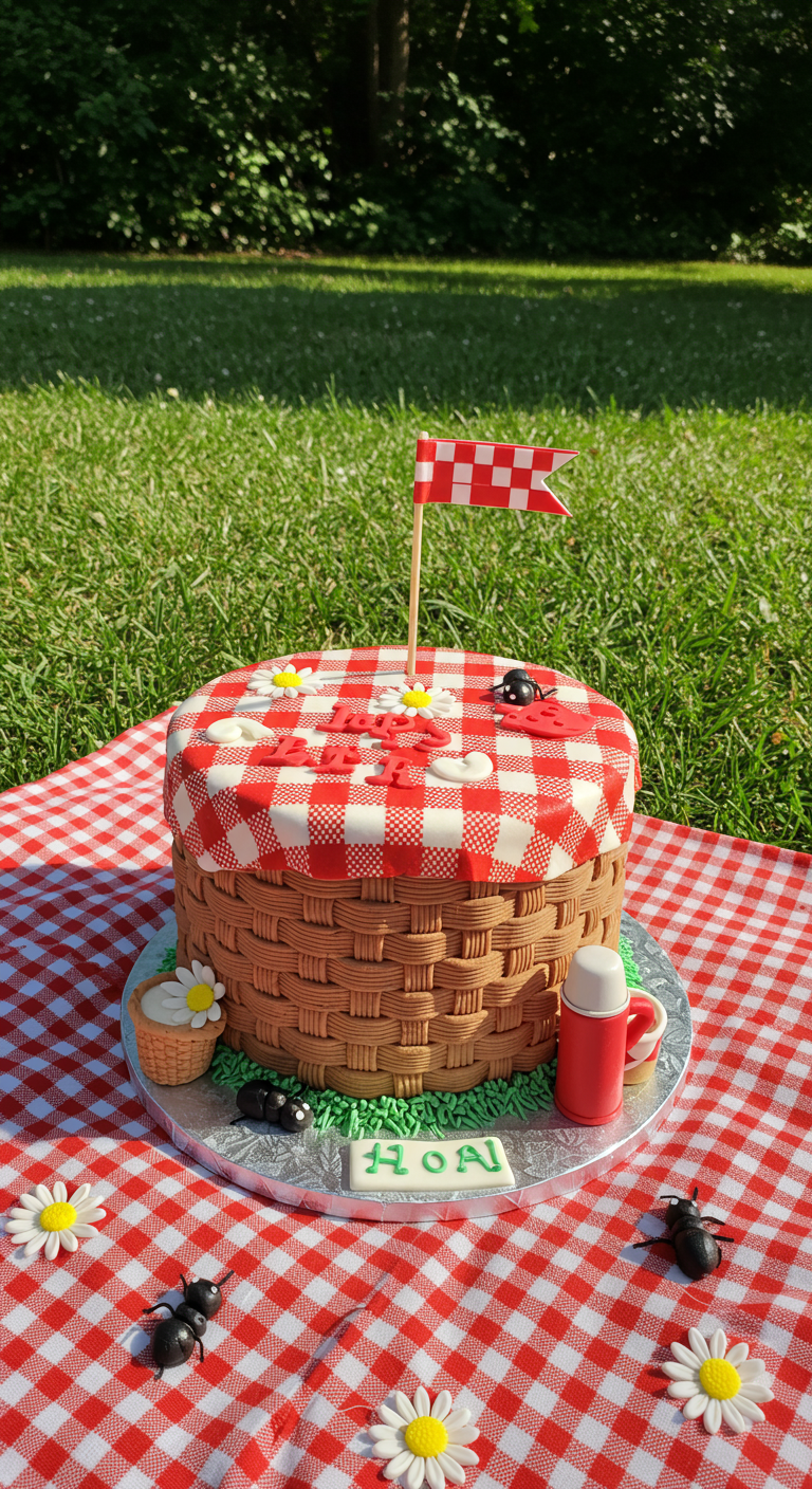 Torte in Form eines Picknickkorbs mit rot-weiß karierter Decke und Fähnchen.