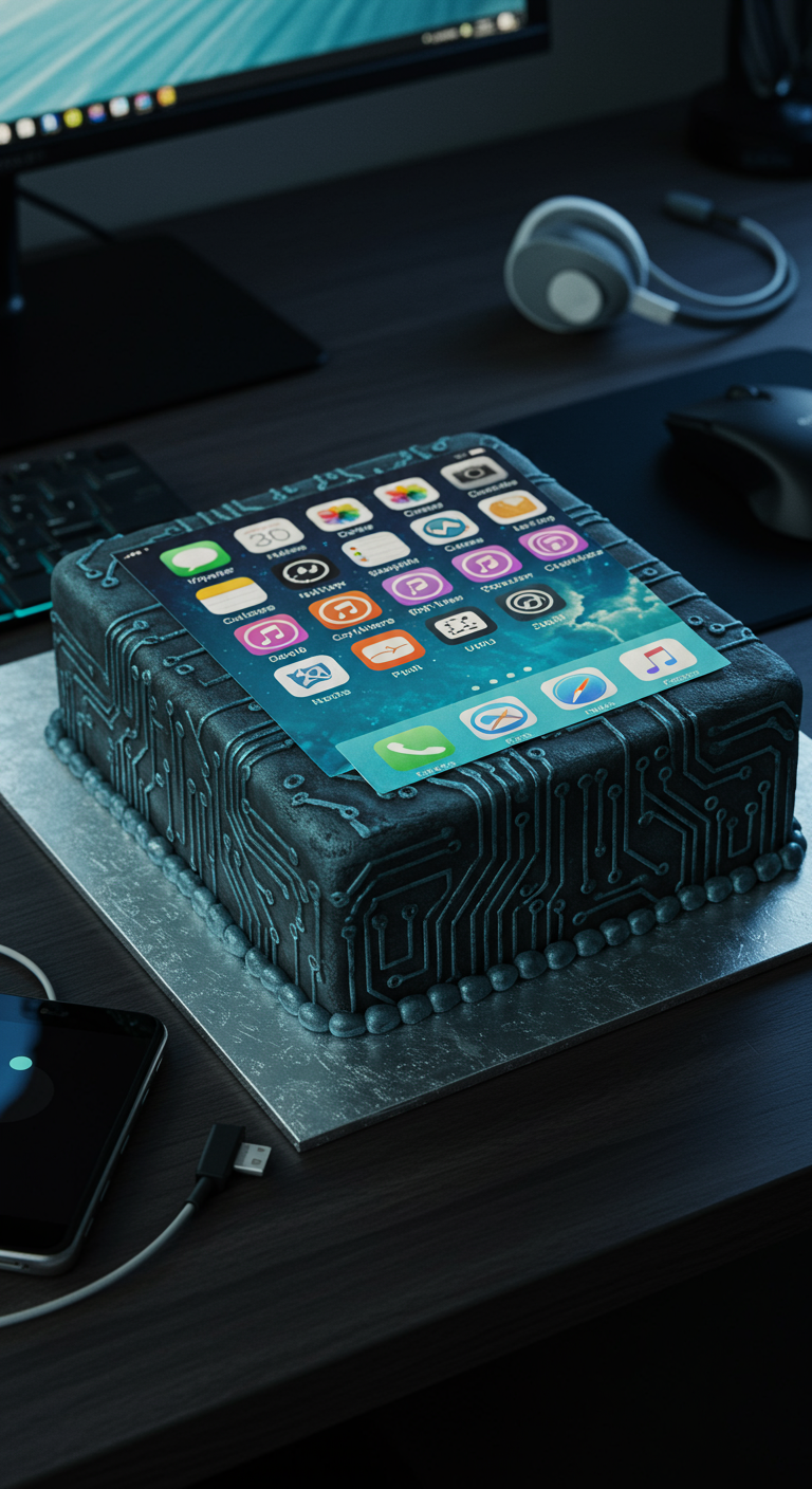 Kuchen in Smartphone-Form mit App-Icons auf dem Bildschirm.