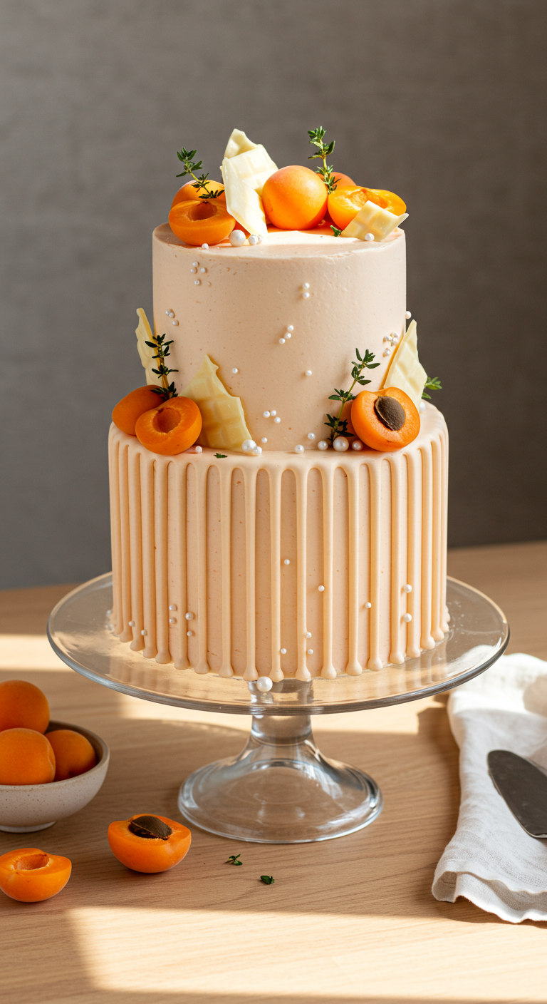 Zweistöckige aprikosenfarbene Torte mit frischen Aprikosen und weißen Schokostücken.