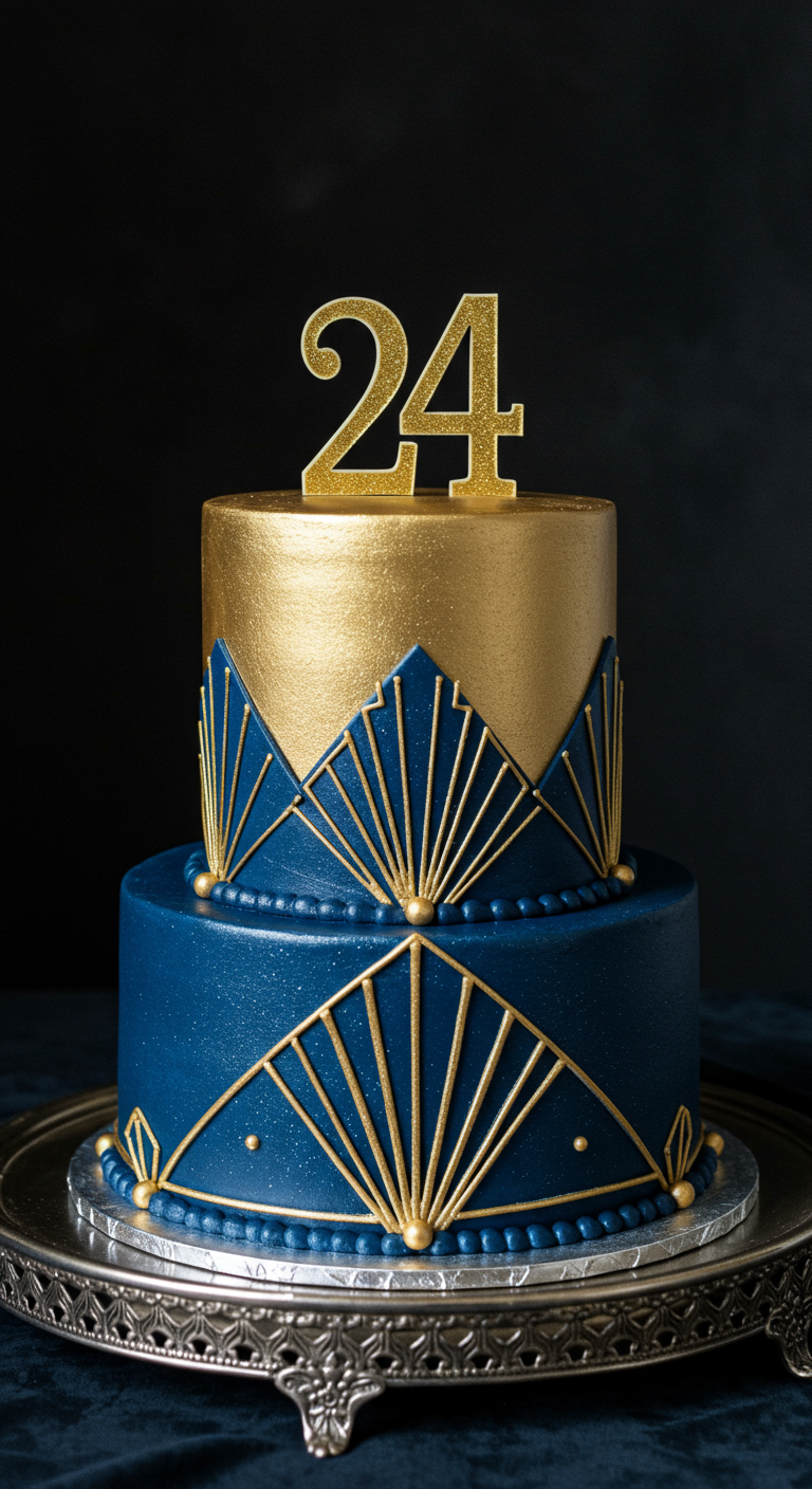 Zweistöckige Art-Déco-Torte in Dunkelblau und Gold mit Fächermustern und goldenem 24-Topper.