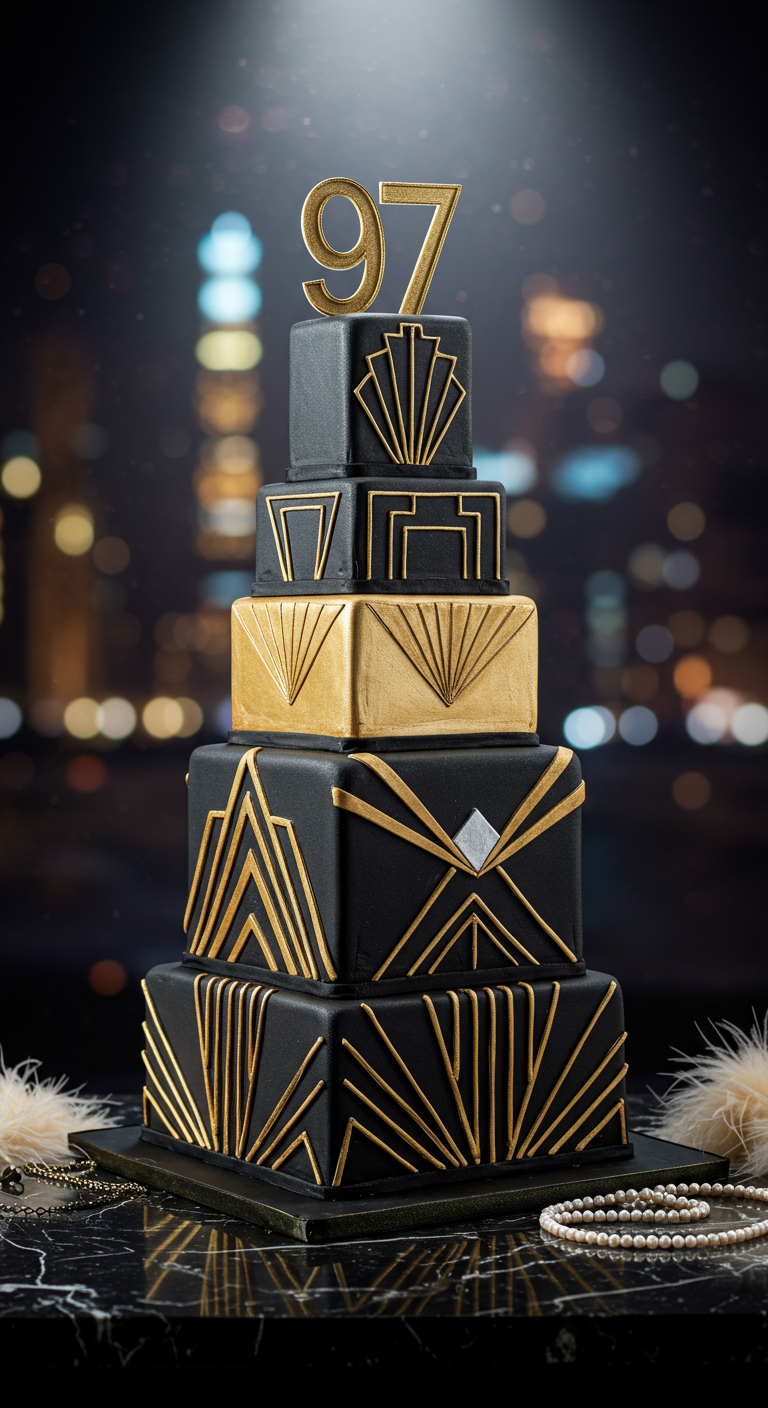 Hohe, eckige Art-Déco-Torte in Schwarz und Gold mit geometrischen Mustern und 97-Topper.