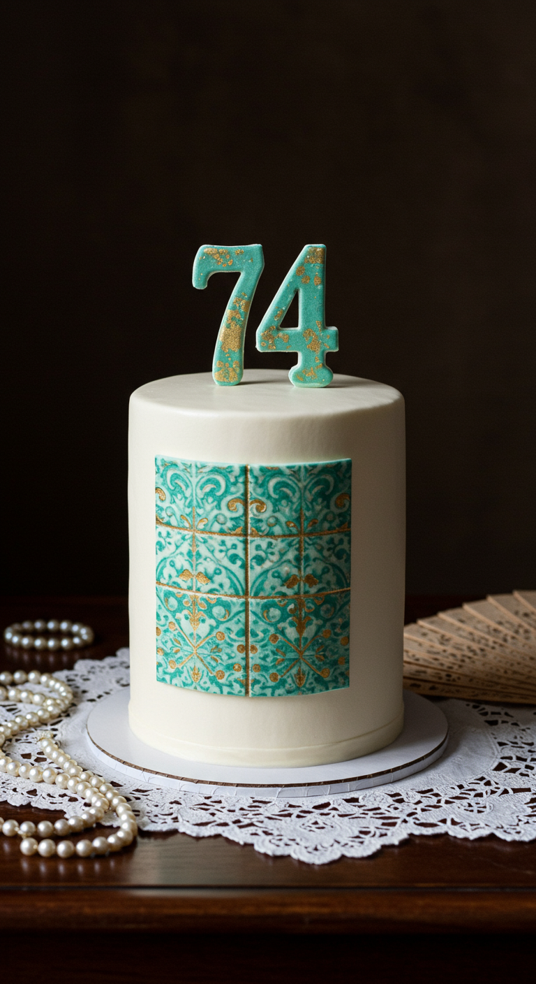 Weiße Torte mit türkisen Kachel-Motiven mit Goldakzenten und Zahl 74.