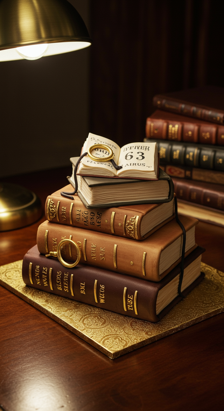 Torte in Form eines Stapels alter Bücher, das oberste aufgeschlagen mit der Zahl 63.