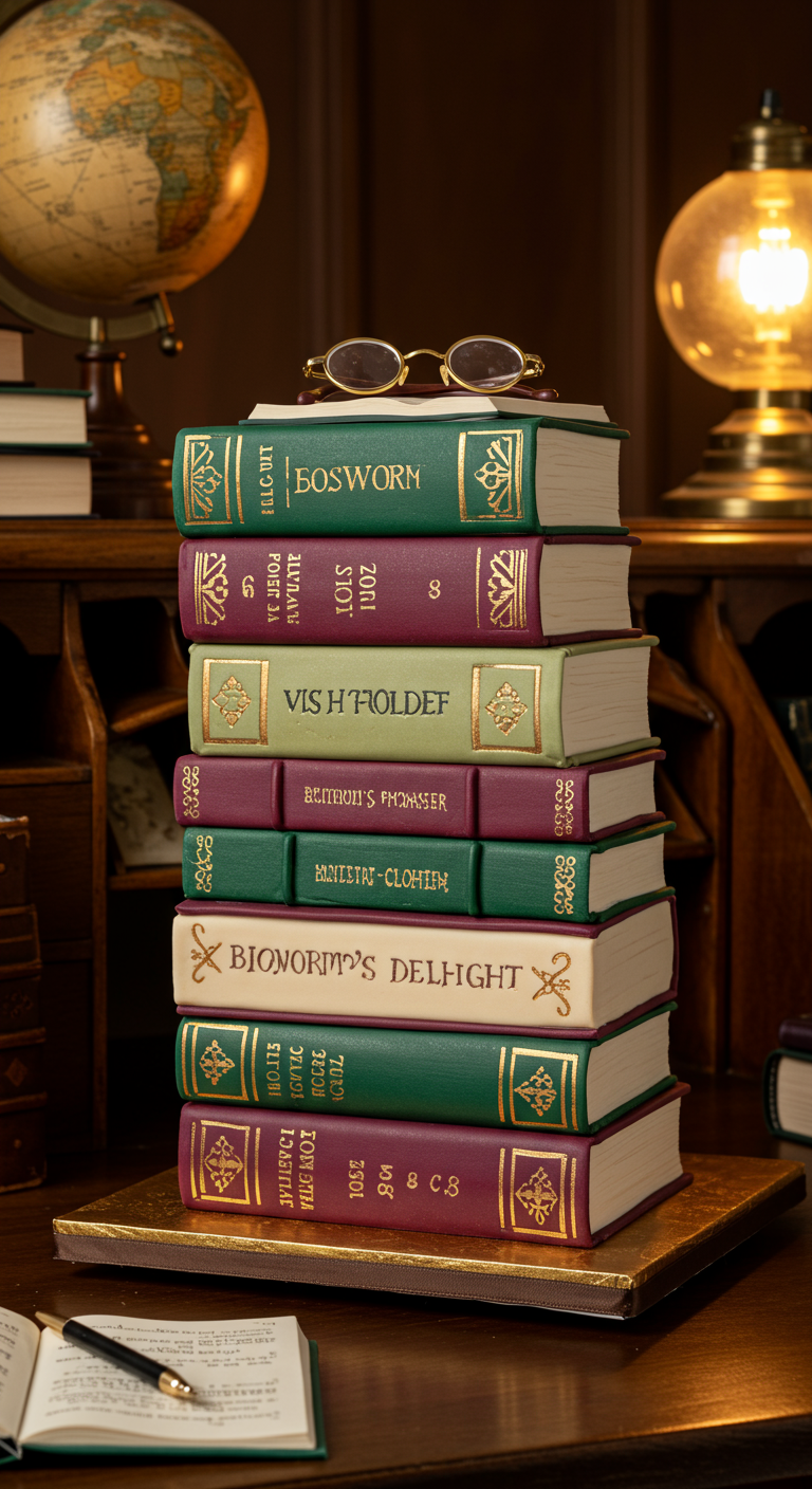 Torte in Form eines Stapels alter Bücher mit goldenen Verzierungen