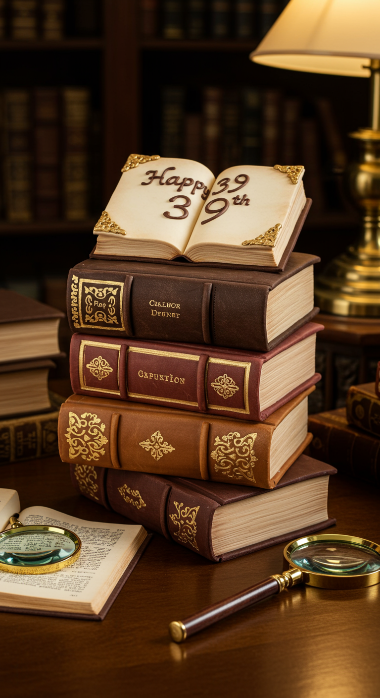Torte in Form eines Bücherstapels mit Aufschrift „Happy 39th“.