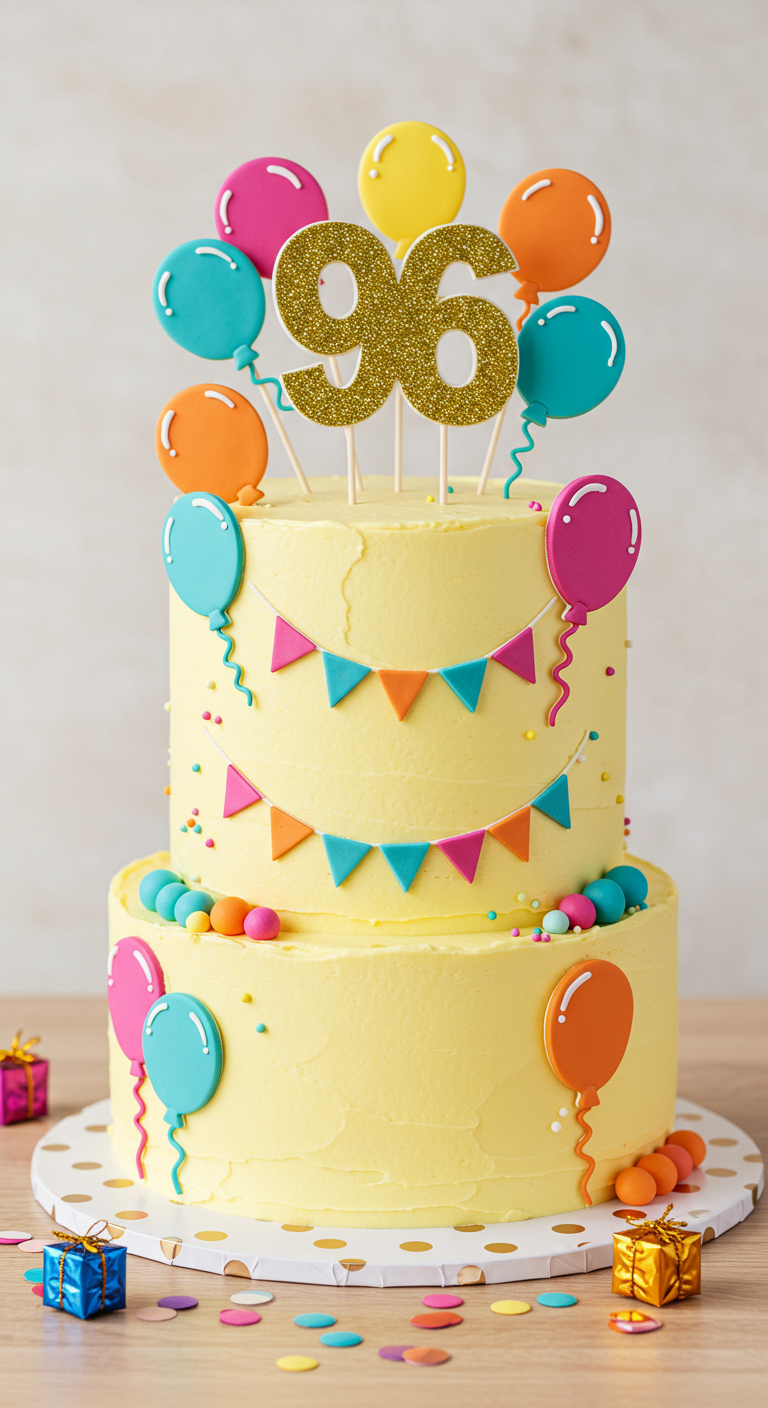 Zweistöckige gelbe Torte mit bunten Fondant-Ballons und Glitzerzahl 96.