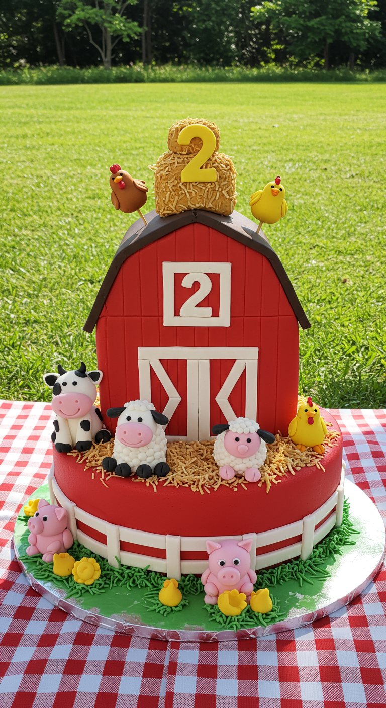 Bauernhof-Torte mit roter Scheune, Fondant-Tieren und Stroh-Optik.