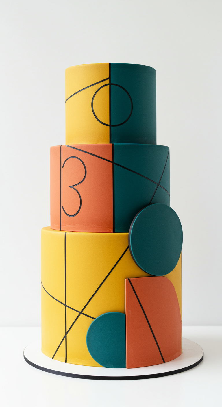 Dreistöckige Torte mit geometrischen Farbblöcken in Gelb, Orange und Petrol.