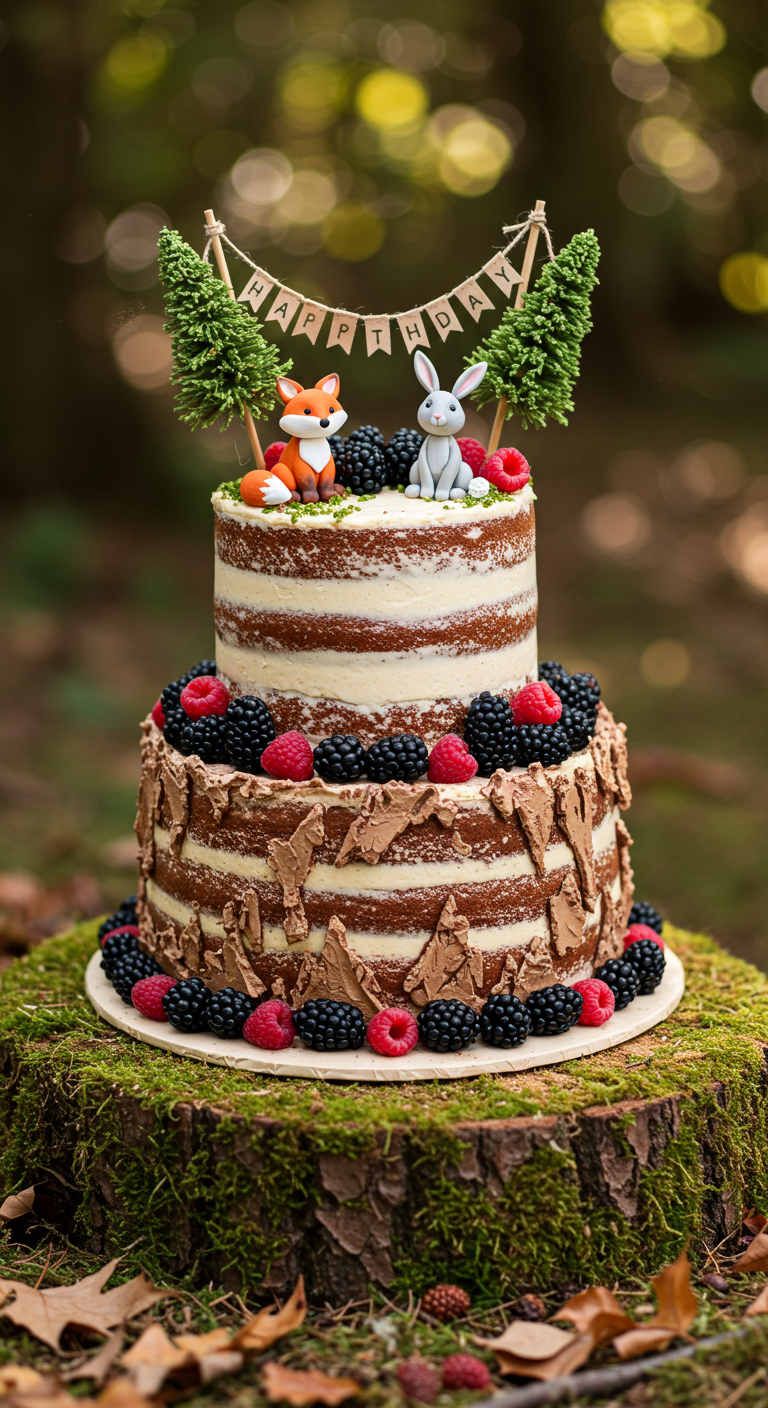 Zweistöckige Waldtorte mit Baumrinden-Effekt, Beeren und Tierfiguren.