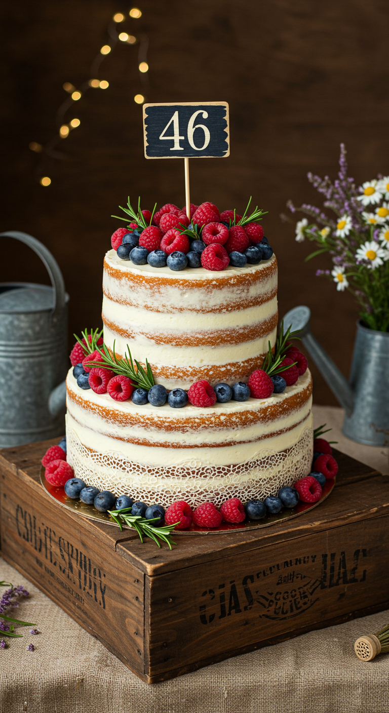 Zweistöckige Naked Cake mit frischen Himbeeren, Blaubeeren und Rosmarin.