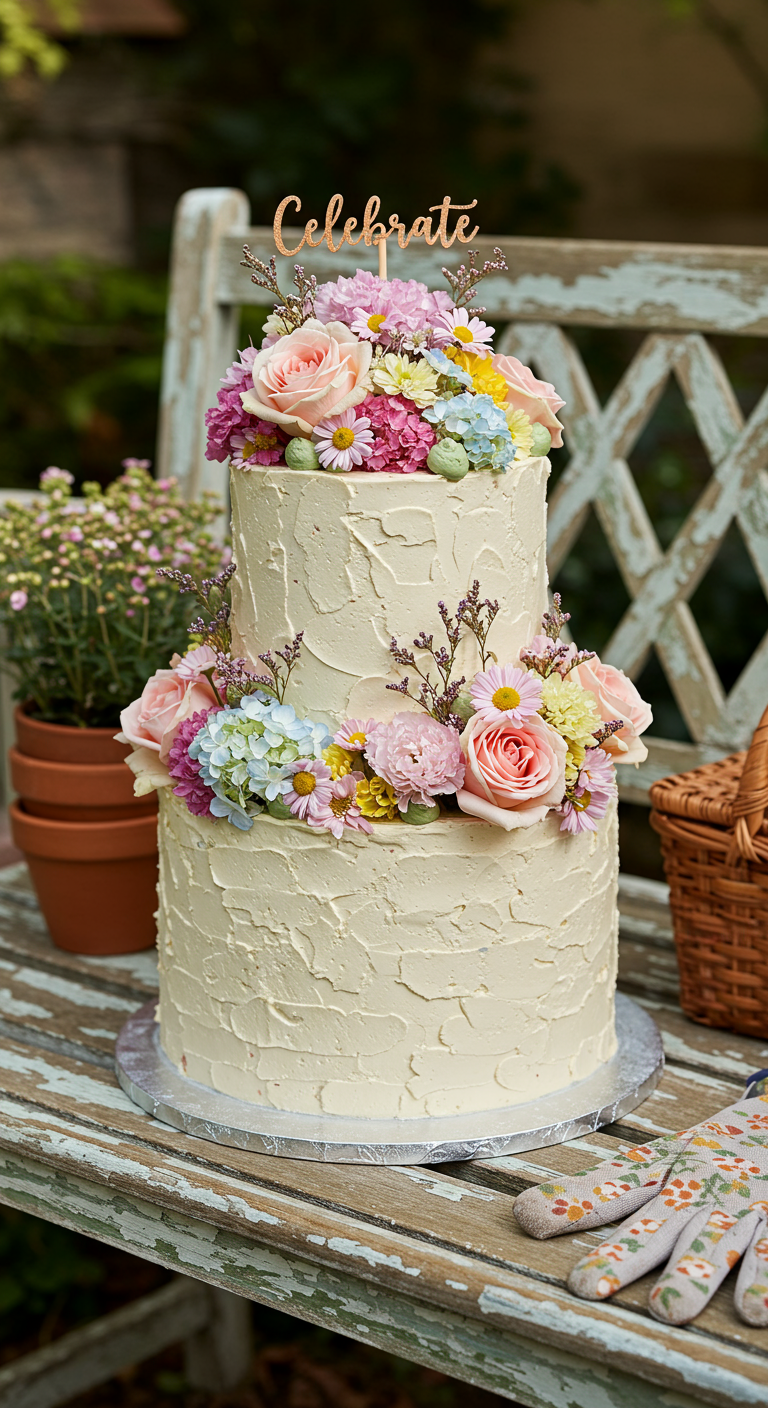 Zweistöckige rustikale Torte, üppig dekoriert mit bunten frischen Blumen und