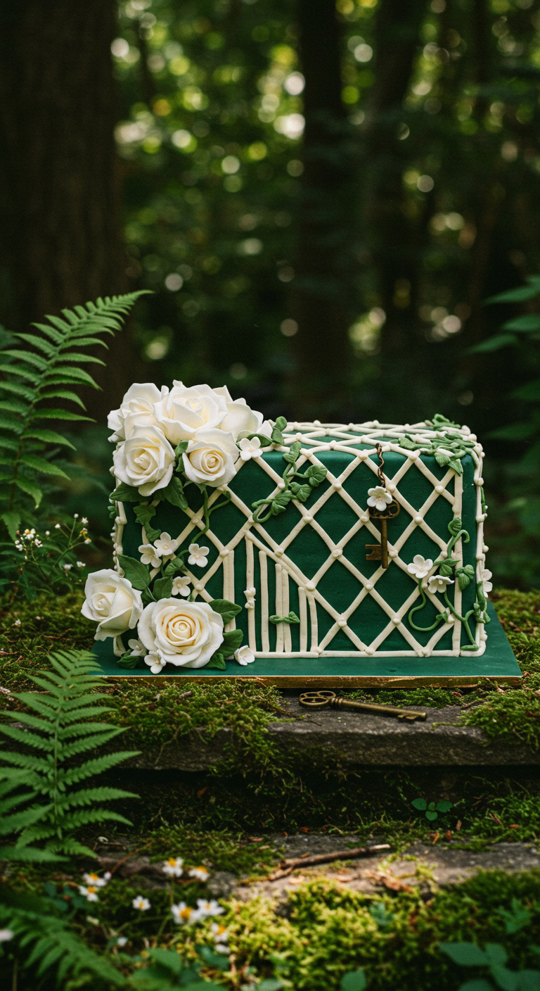 Rechteckige grüne Torte mit weißem Gittermuster aus Zuckerguss und weißen Zuckerrosen.
