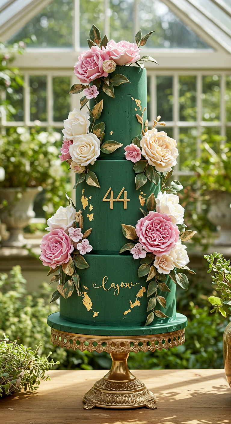 Mehrstöckige smaragdgrüne Torte, üppig dekoriert mit rosa und weißen Zuckerrosen und Goldakzenten.