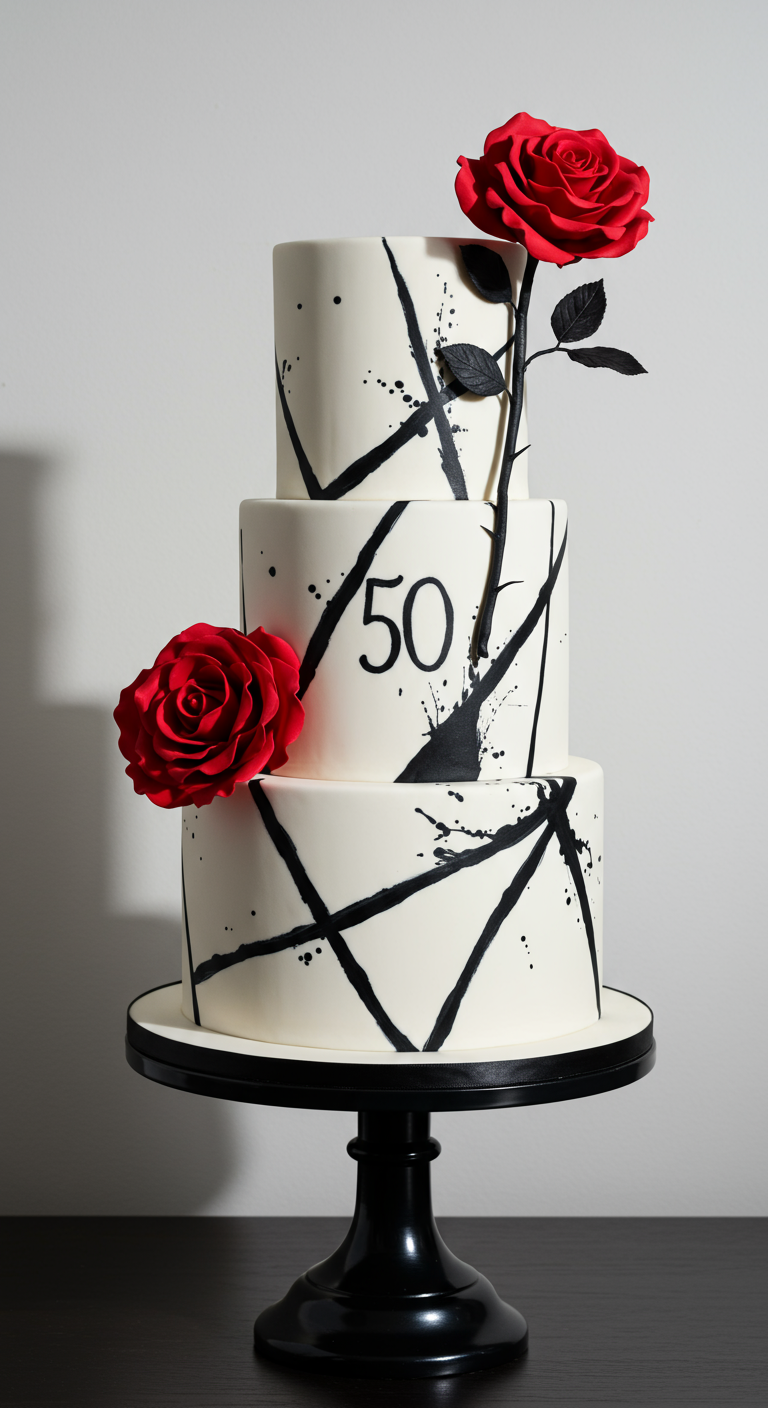 Dreistöckige weiße Torte mit schwarzen Pinselstrichen und roten Zuckerrosen.