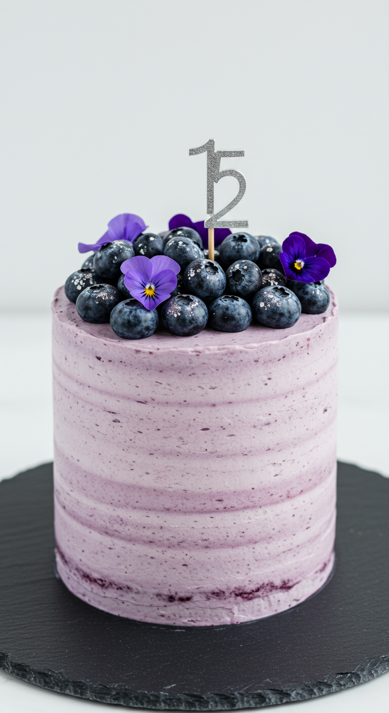 Lila Torte mit Blaubeeren, essbaren lila Blüten und einer glitzernden Zahl