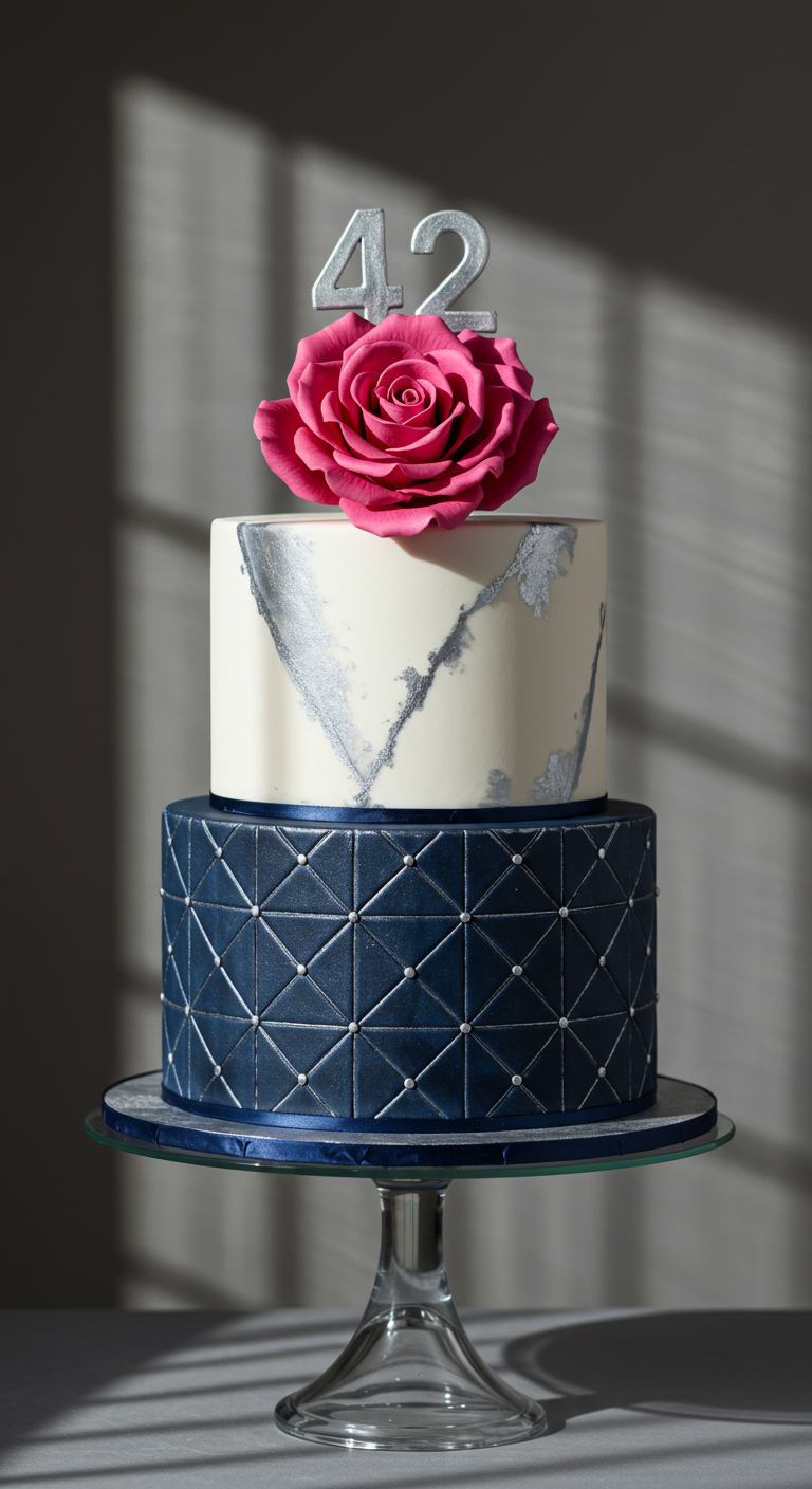 Zweistöckige Torte: unten blau gesteppt, oben weiß-silber marmoriert, mit rosa Rose.
