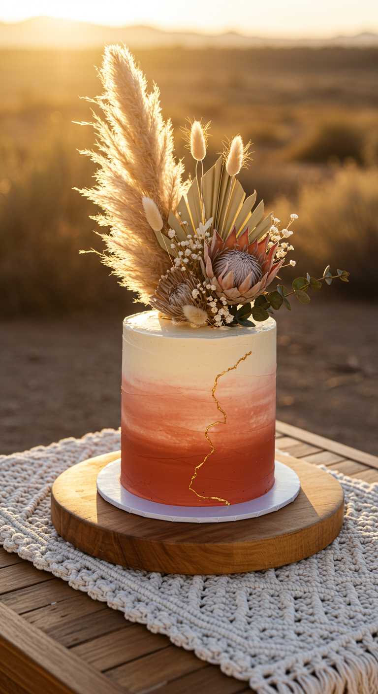 Ombré-Torte in Erdtönen mit Trockenblumen und Goldakzent.