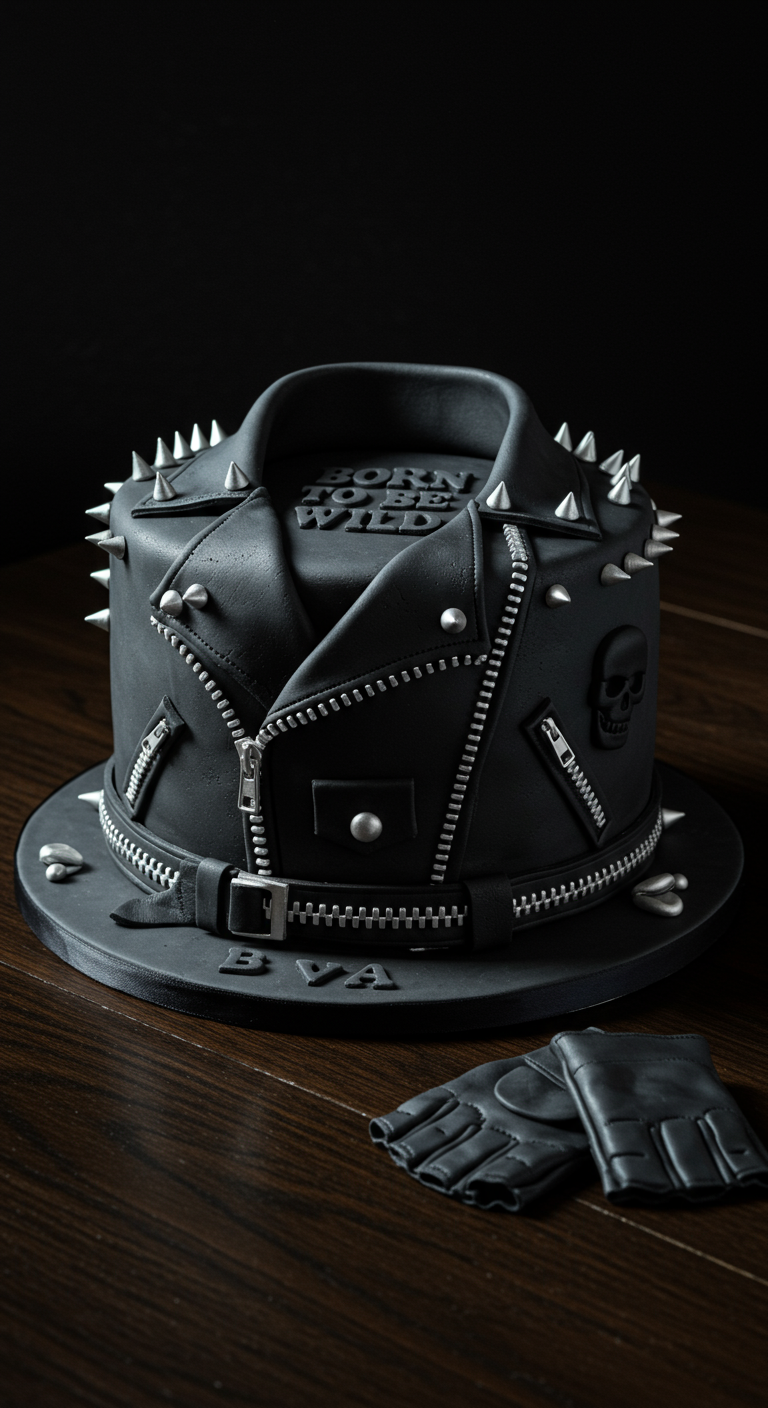 Schwarze Torte in Form einer Lederjacke mit Nieten und Reißverschlüssen.